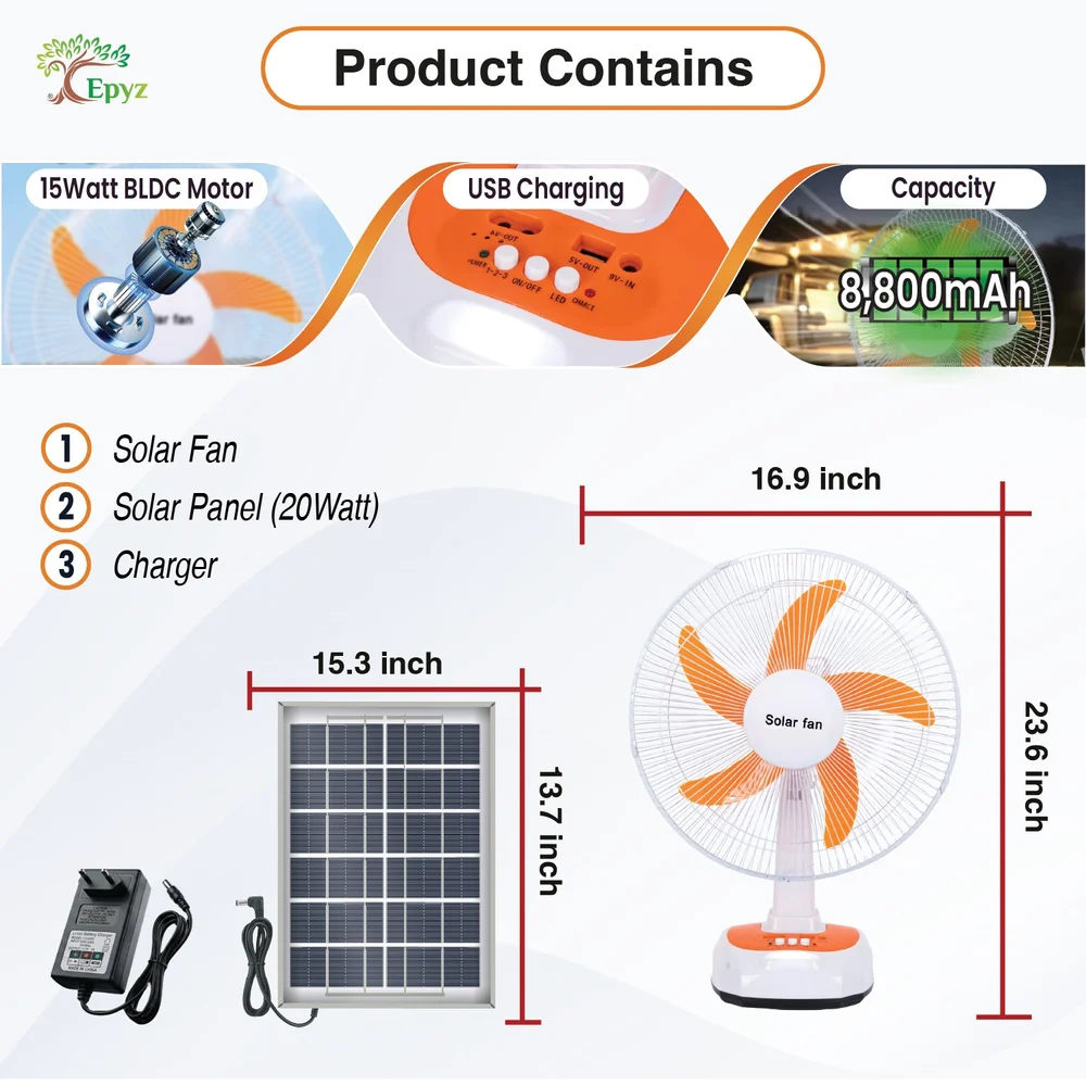 Epyz 16inch Solar Portable High Speed 3 Gear Table DC Fan and Rechargeable Solar Fan for Indoor - Image 5